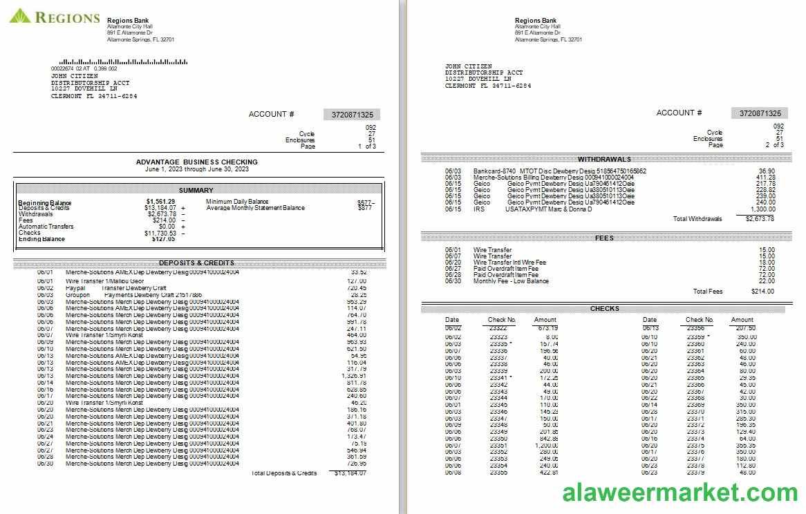 USA Regions bank statement Word and PDF template, 3 pages, version 2